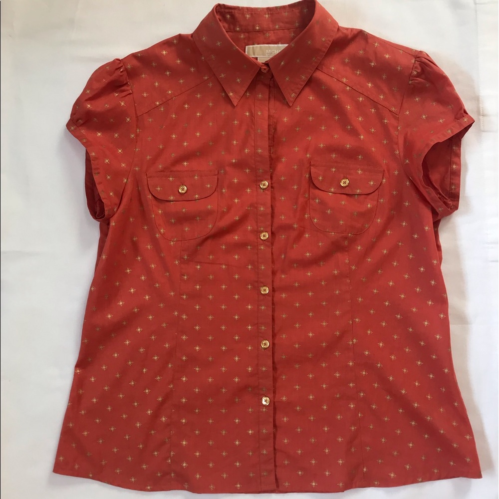 Michael Kors Burnt Orange Gold Button Down Top L